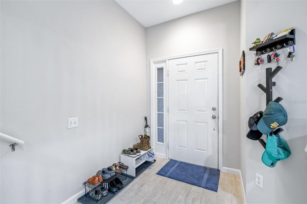 An entryway features a white front door, a shoe rack, and a wall-mounted coat rack — 5005 BARNSTEAD DRIVE, RIVERVIEW, FL