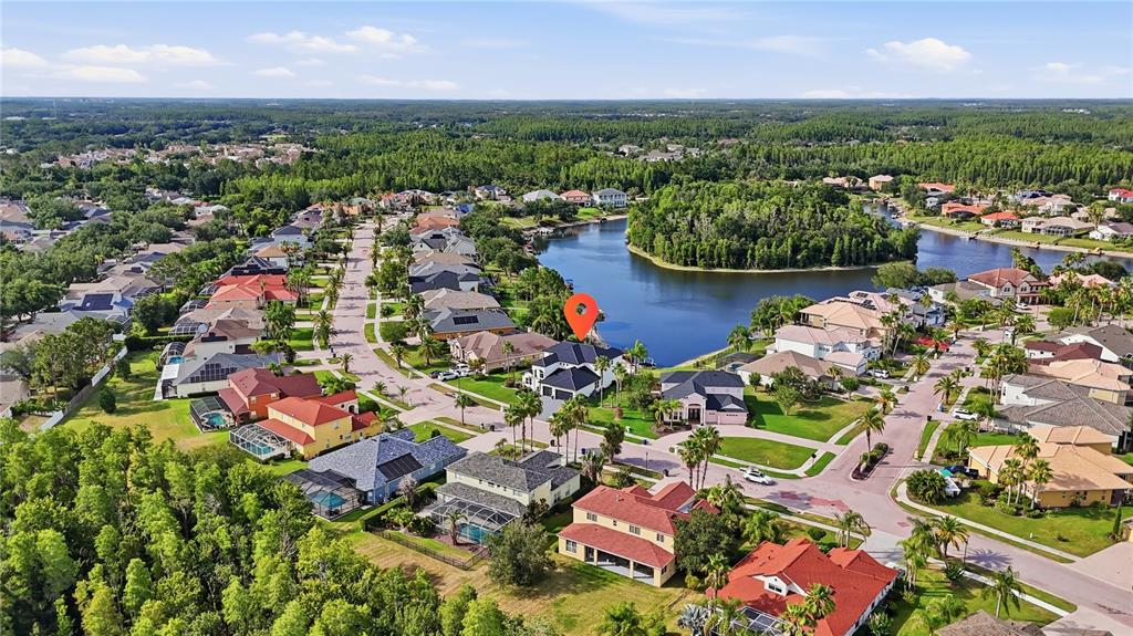 An aerial view shows a residential neighborhood with houses surrounding a lake — 10711 CORY LAKE DRIVE, TAMPA, FL