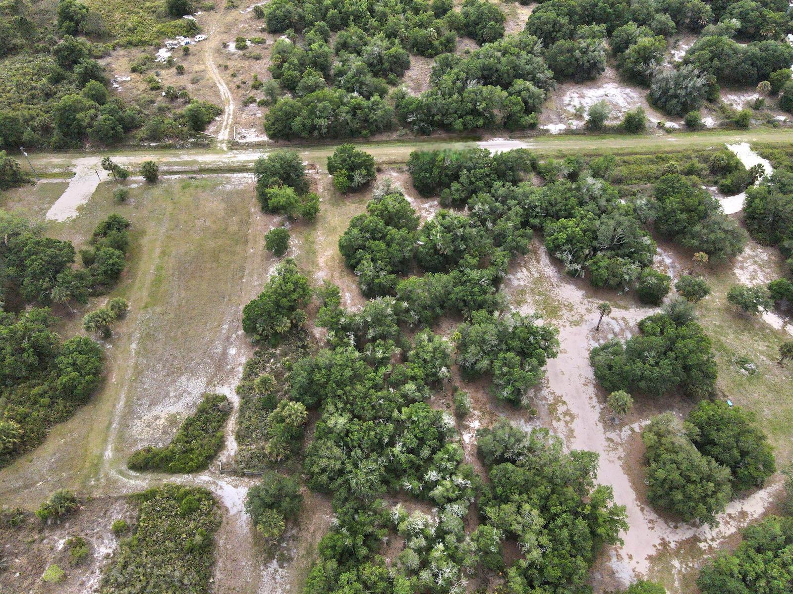 An aerial view shows a wooded lot with sandy clearings and a dirt access road — 21877 NW 286th Street, Okeechobee FL 34972, OKEECHOBEE, FL