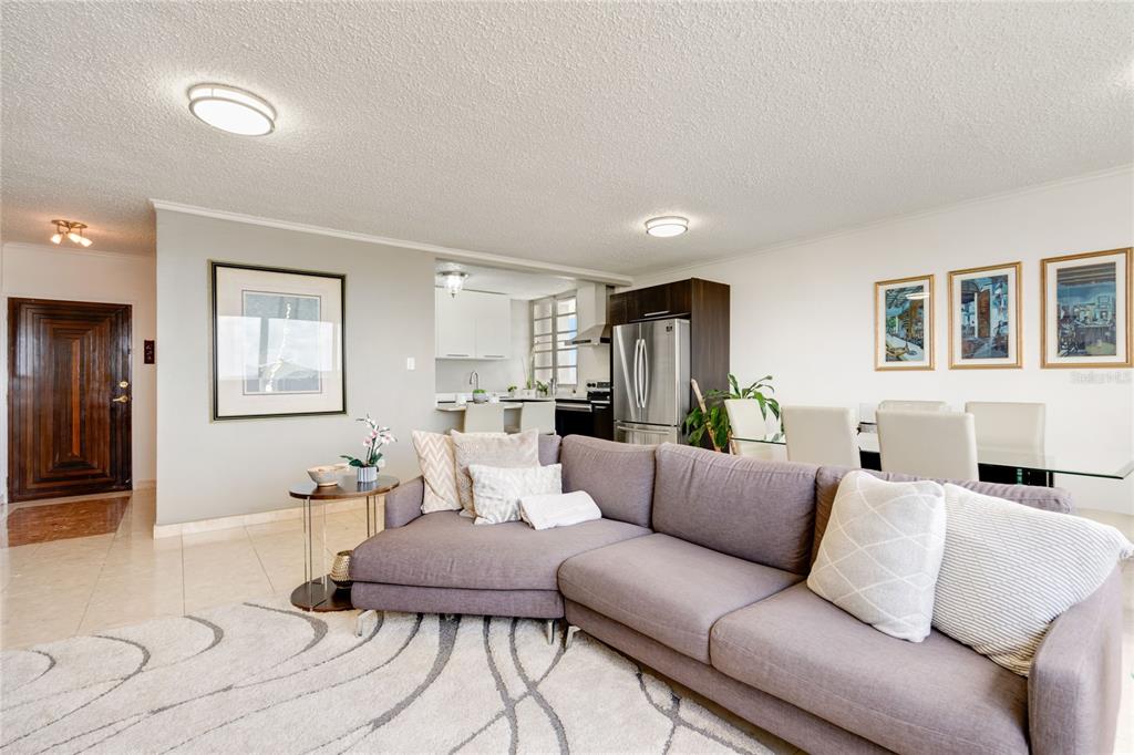 A living room features a gray sectional sofa, a patterned area rug, and an open kitchen — 1704 SAN PATRICIO AVENUE UNIT 1704, GUAYNABO, PR