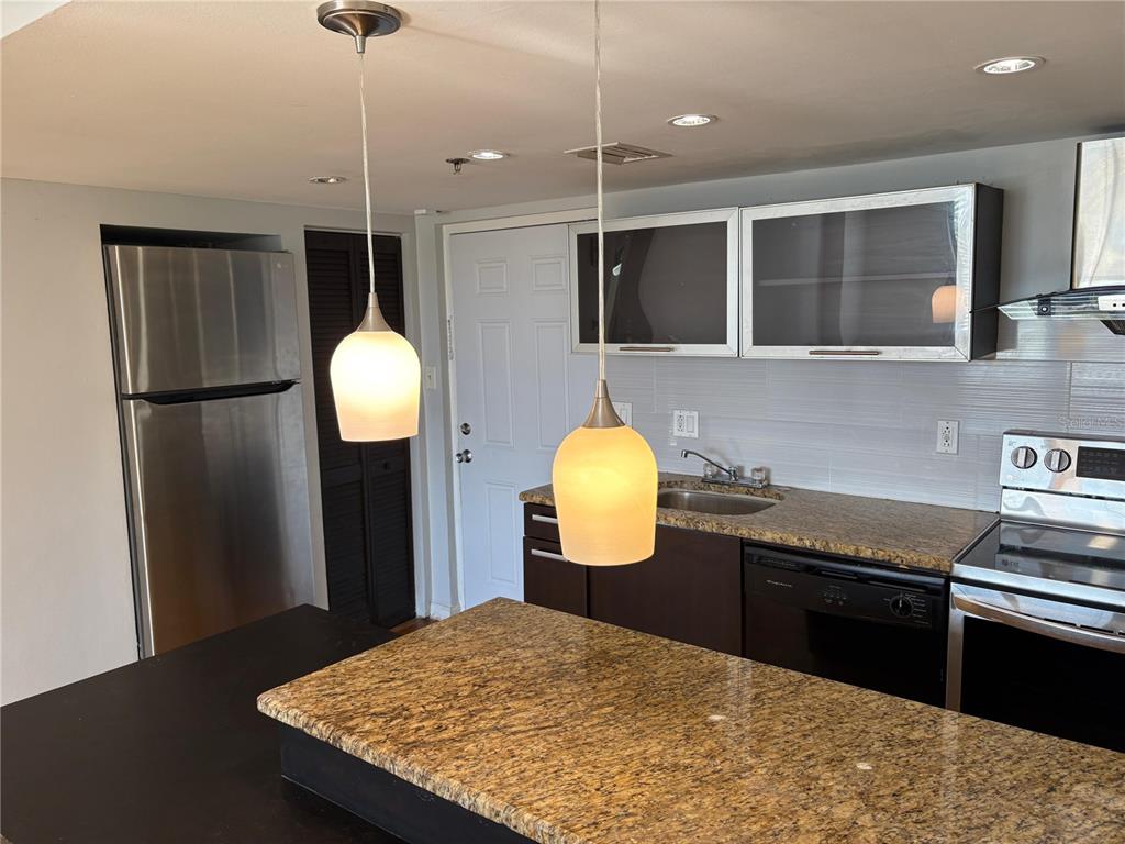 A kitchen features granite countertops, stainless steel appliances, dark cabinetry, and two pendant lights — 701 S MADISON AVENUE UNIT 315, CLEARWATER, FL