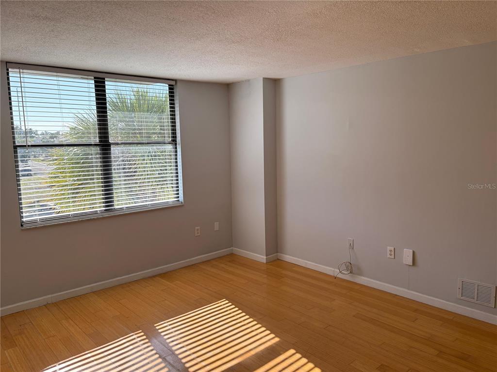 An empty room features light wood flooring, a large window with blinds, and gray walls — 701 S MADISON AVENUE UNIT 315, CLEARWATER, FL