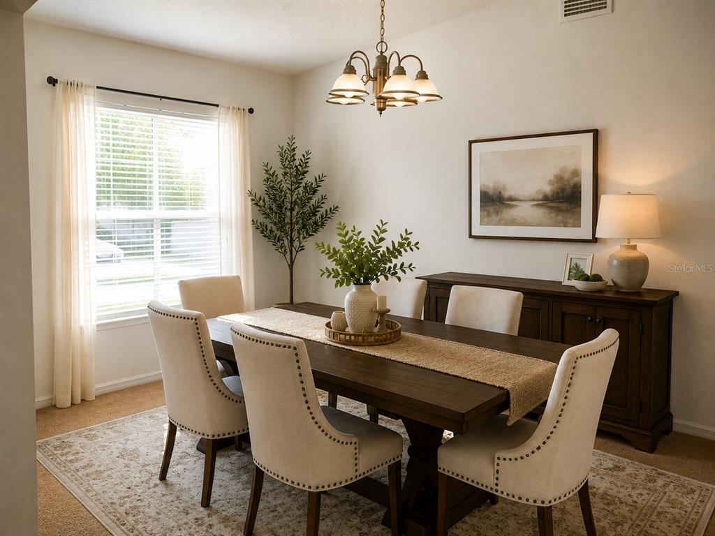 A dining room features a wooden table, upholstered chairs, a sideboard, and a chandelier — 101 BONITO WAY, POINCIANA, FL