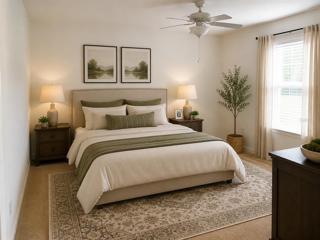 A bedroom features a bed with olive green accents, two nightstands, and a patterned area rug — 101 BONITO WAY, POINCIANA, FL