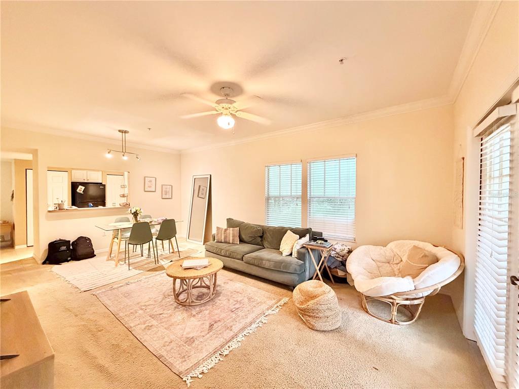A living room features a green sofa, a round coffee table, and a papasan chair — 9177 SW 52ND ROAD UNIT 203, GAINESVILLE, FL