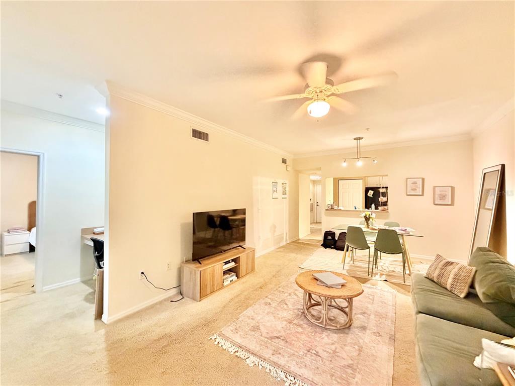 A living room with beige carpet, a television on a wooden stand, and dining area — 9177 SW 52ND ROAD UNIT 203, GAINESVILLE, FL
