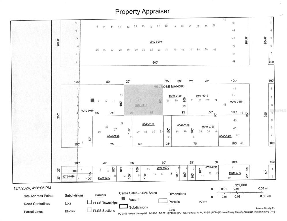 This is a property appraiser map showing parcel boundaries, lot numbers, and dimensions — Lots 13-17 UNASSIGNED, HAWTHORNE, FL