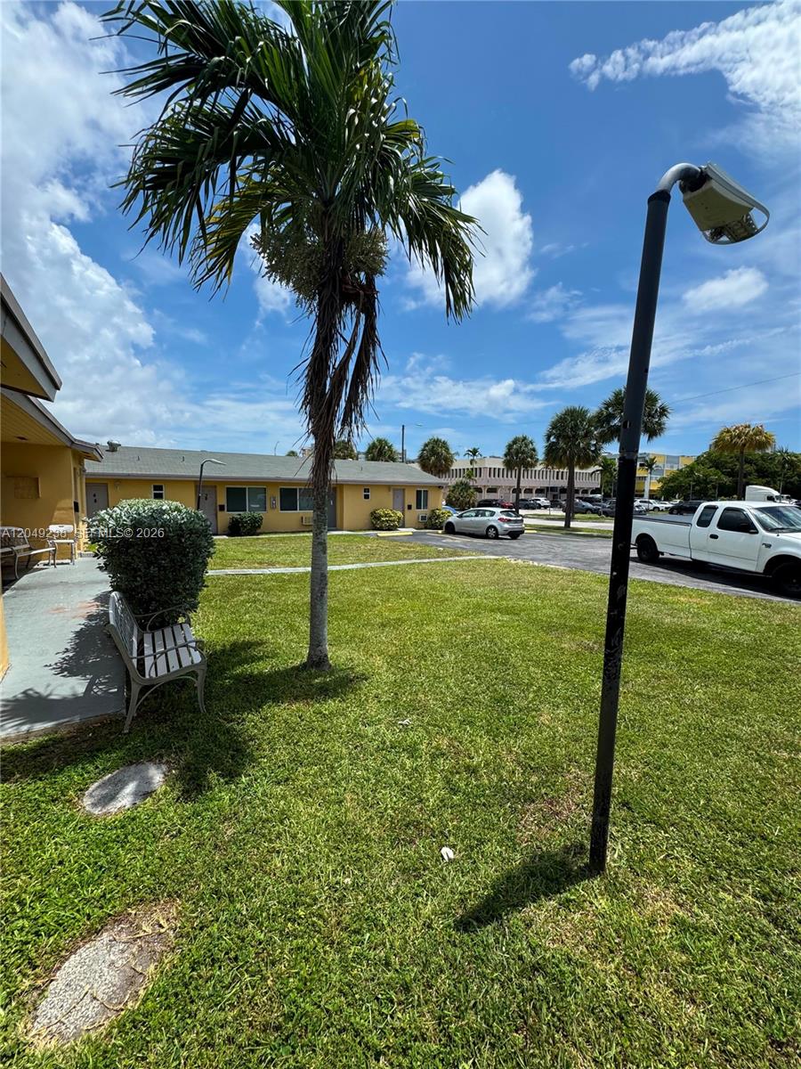 A palm tree stands in a grassy courtyard in front of a yellow apartment building — NORTH MIAMI BEACH, FL