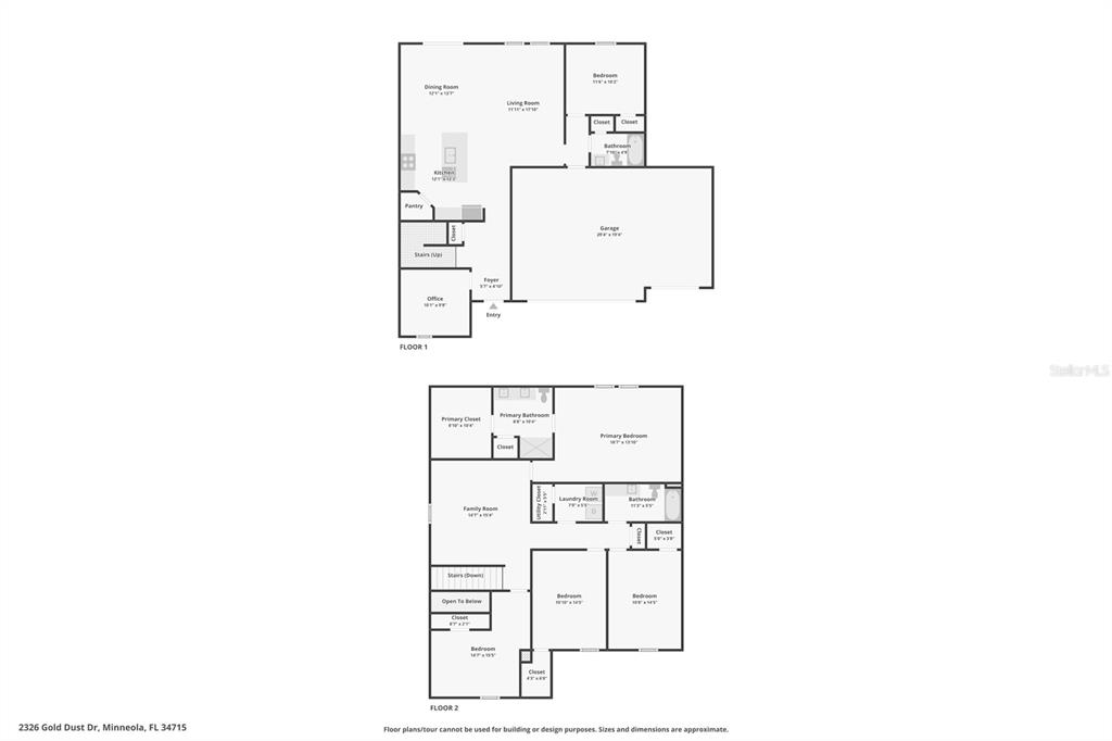 This image displays the floor plans for the first and second levels of a house — 2326 GOLD DUST DRIVE, MINNEOLA, FL