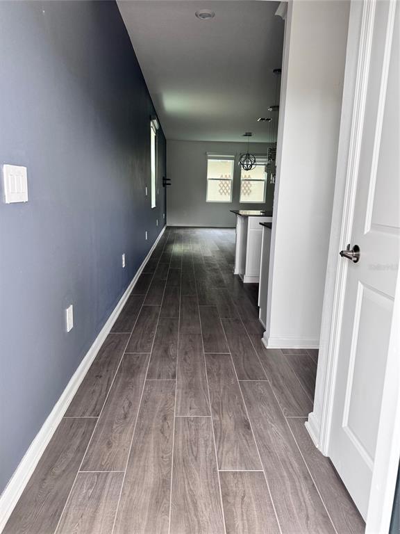 A hallway with dark blue walls and wood-look tile flooring leads toward a kitchen area — 1563 CROSS PRAIRIE PARKWAY, KISSIMMEE, FL