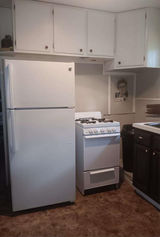A kitchen features white cabinets, a white refrigerator, a white gas stove, and dark cabinets — 2693 CR 426F, LAKE PANASOFFKEE, FL