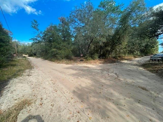 A sandy road forks in front of a wooded lot with a parked car — 9345 SE 195TH AVENUE, OCKLAWAHA, FL