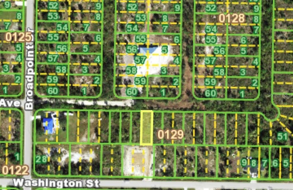 This is a satellite map showing a highlighted vacant residential lot within a platted subdivision — 27195 LOWRY AVENUE, PUNTA GORDA, FL