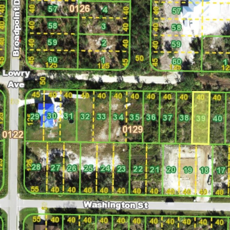 This is a map showing a grid of residential land parcels with lot numbers — 27195 LOWRY AVENUE, PUNTA GORDA, FL