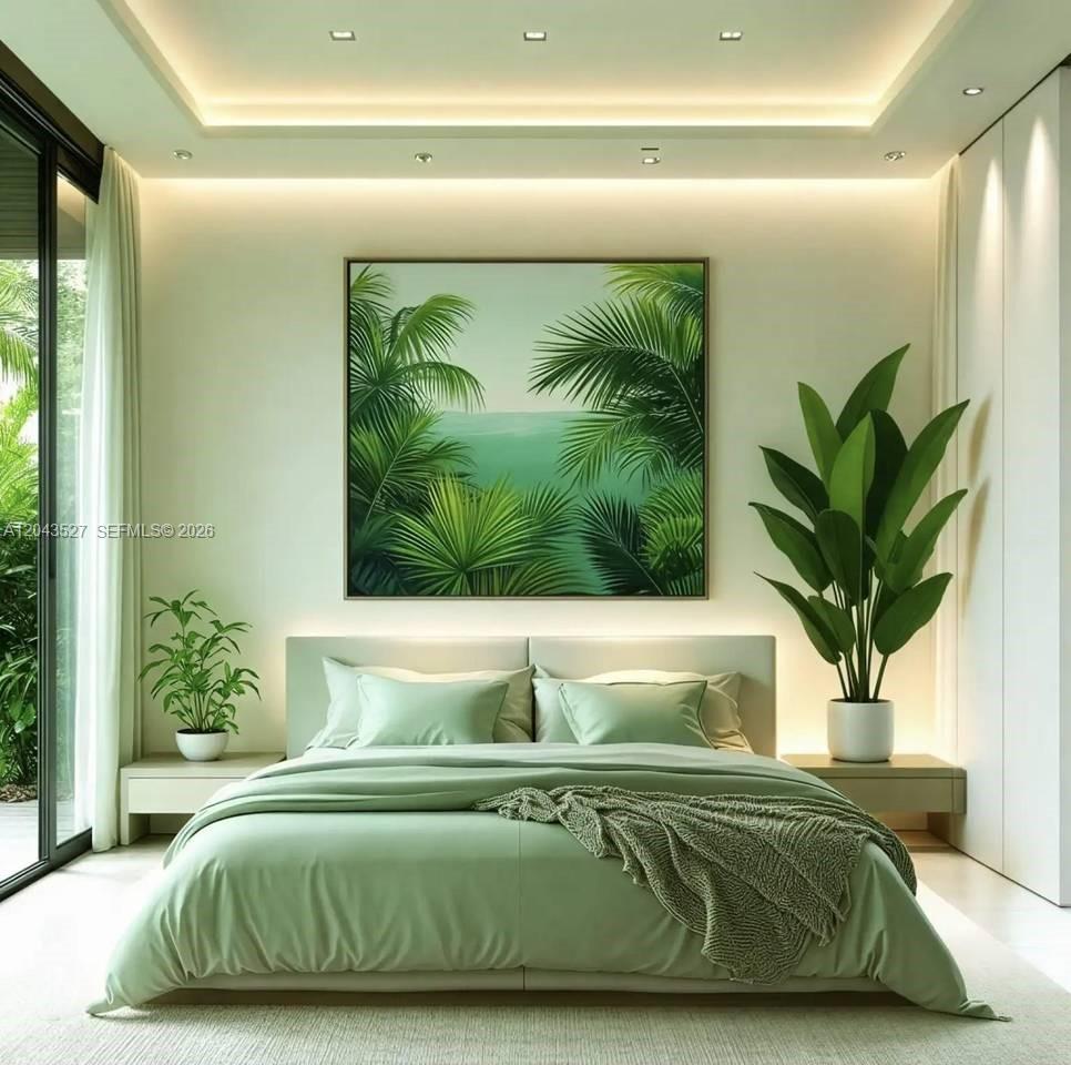 This is a rendering of a modern bedroom featuring a green color palette and palm art — 0 villa bekasi, FL