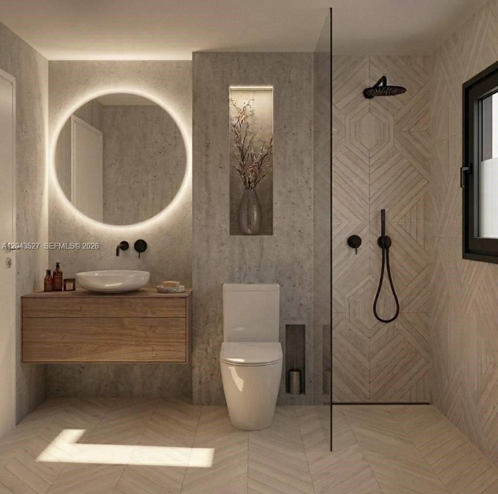 This is a rendering of a modern bathroom featuring a floating vanity and glass-enclosed shower — 0 villa bekasi, FL