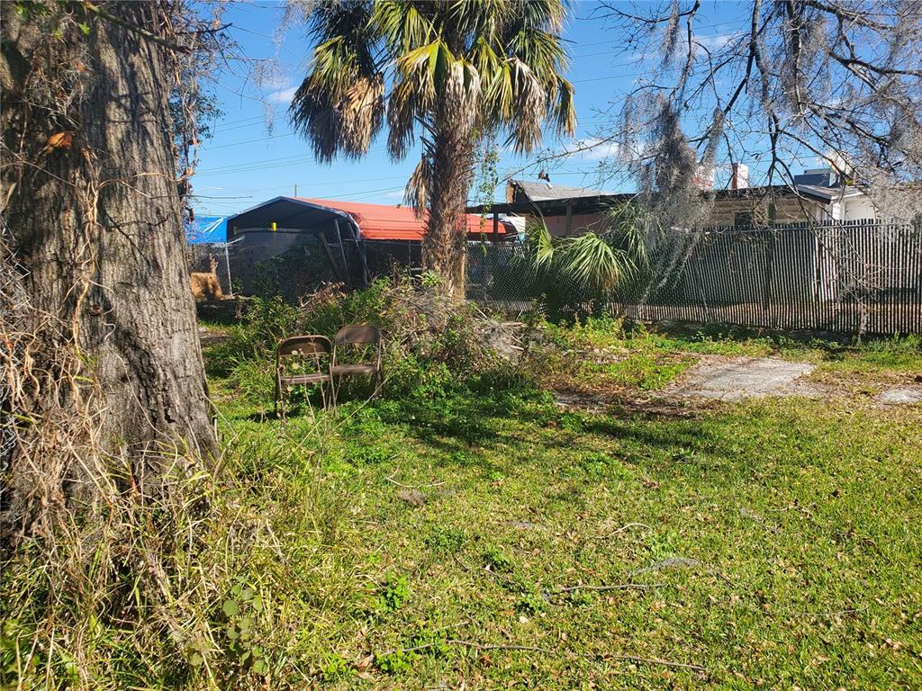 A grassy backyard features two folding chairs, a large tree, and a metal fence — 2213 W PARKER STREET, LAKELAND, FL