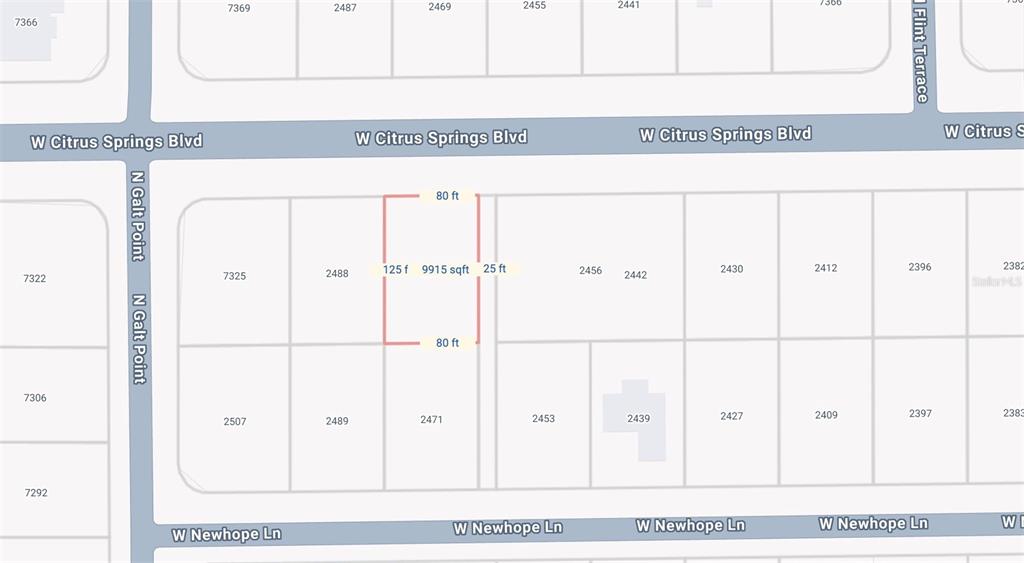 This image is a map showing a rectangular parcel of land with dimensions and square footage — 2470 W CITRUS SPRINGS BOULEVARD, CITRUS SPRINGS, FL