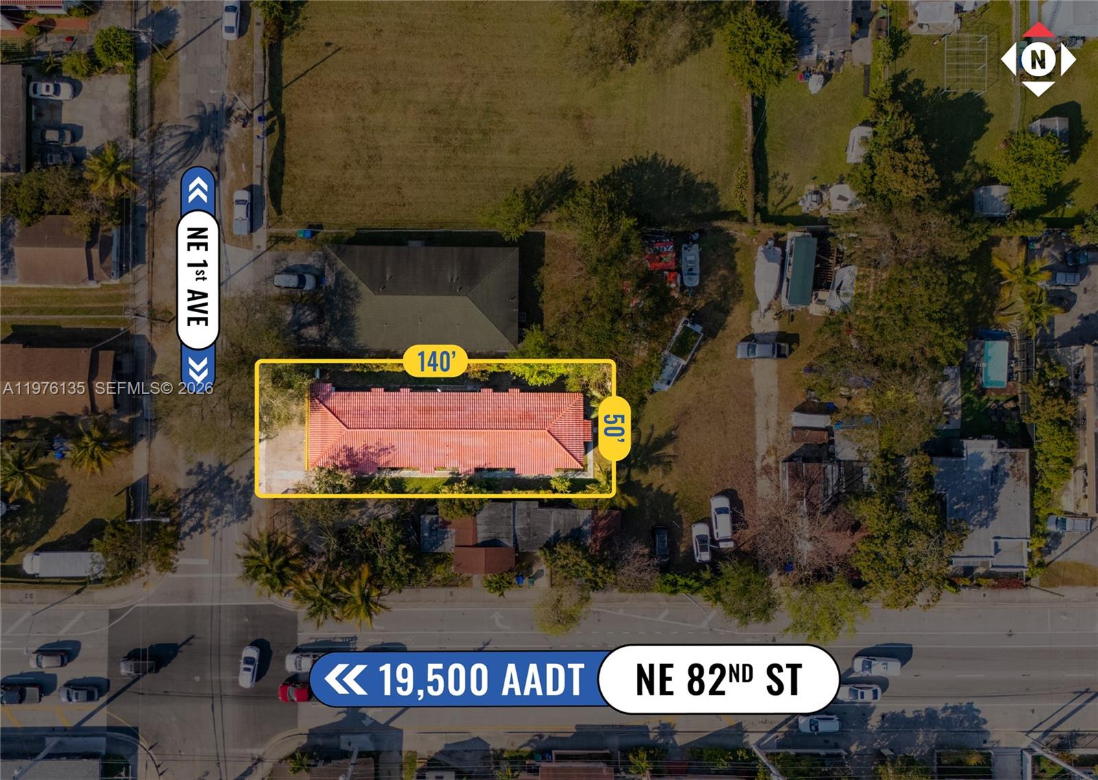 This is an aerial map showing a rectangular property lot with a building and dimensions — 8213 NE 1st Ave, Miami FL 33138, MIAMI, FL