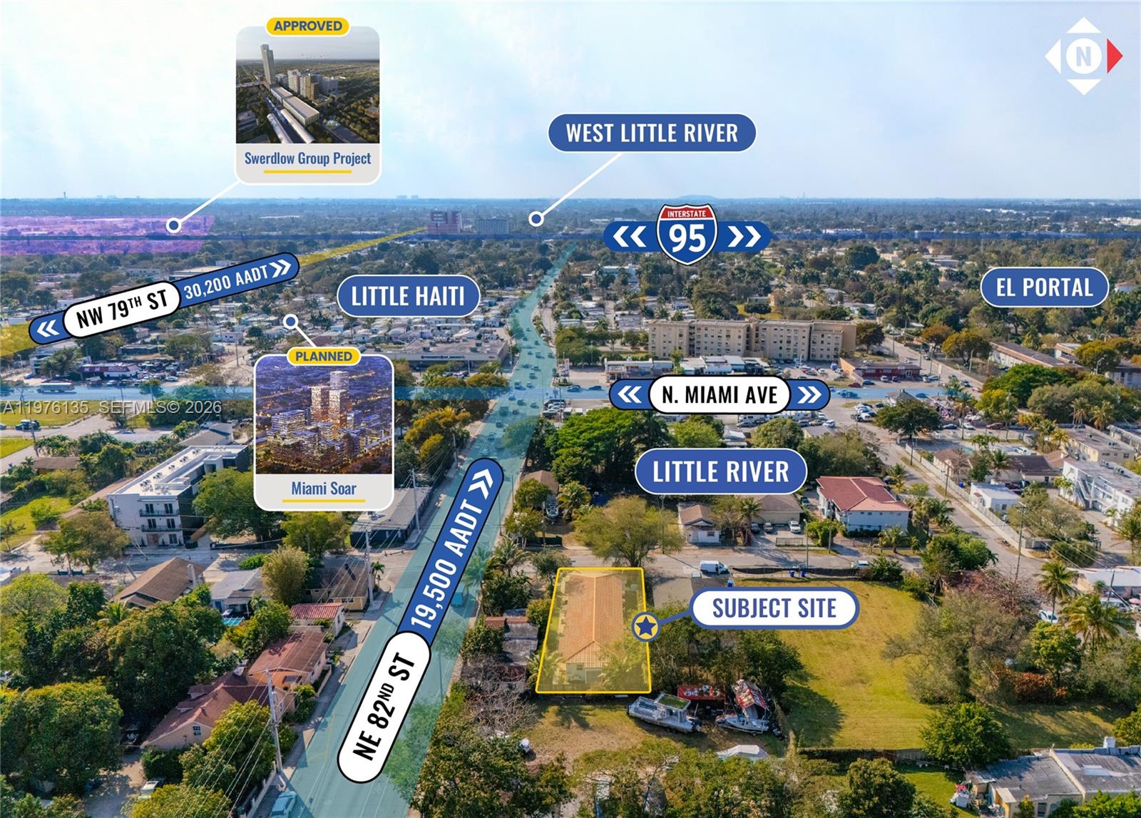 An aerial map rendering highlights a subject site, nearby developments, and major local roadways — 8213 NE 1st Ave, Miami FL 33138, MIAMI, FL