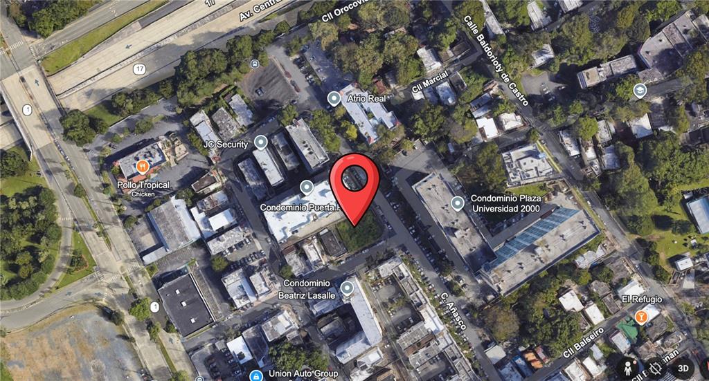 This is an aerial map view showing a red location pin over a residential building — 836 CALLE AÑASCO, SAN JUAN, PR