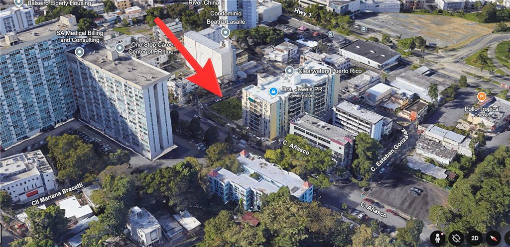 This is an aerial map view of a city neighborhood with a red arrow pointing down — 836 CALLE AÑASCO, SAN JUAN, PR