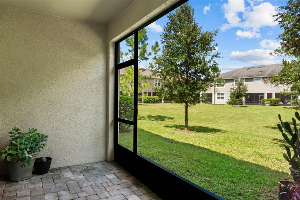 A screened-in patio with paver flooring overlooks a grassy lawn and neighboring residential buildings — 14221 PONDHAWK LANE, TAMPA, FL