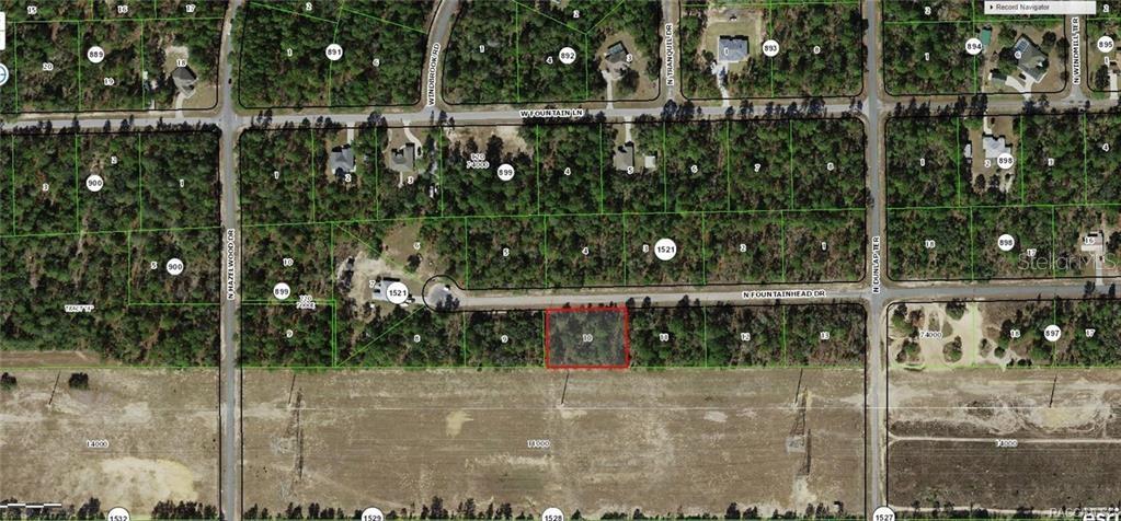 This is an aerial map showing a highlighted rectangular plot of land on a residential street — 6925 N FOUNTAINHEAD DRIVE, CITRUS SPRINGS, FL