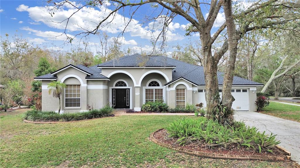 A single-story house with a beige stucco exterior, arched windows, and a dark shingled roof — 17307 OAK LEDGE DRIVE, LUTZ, FL