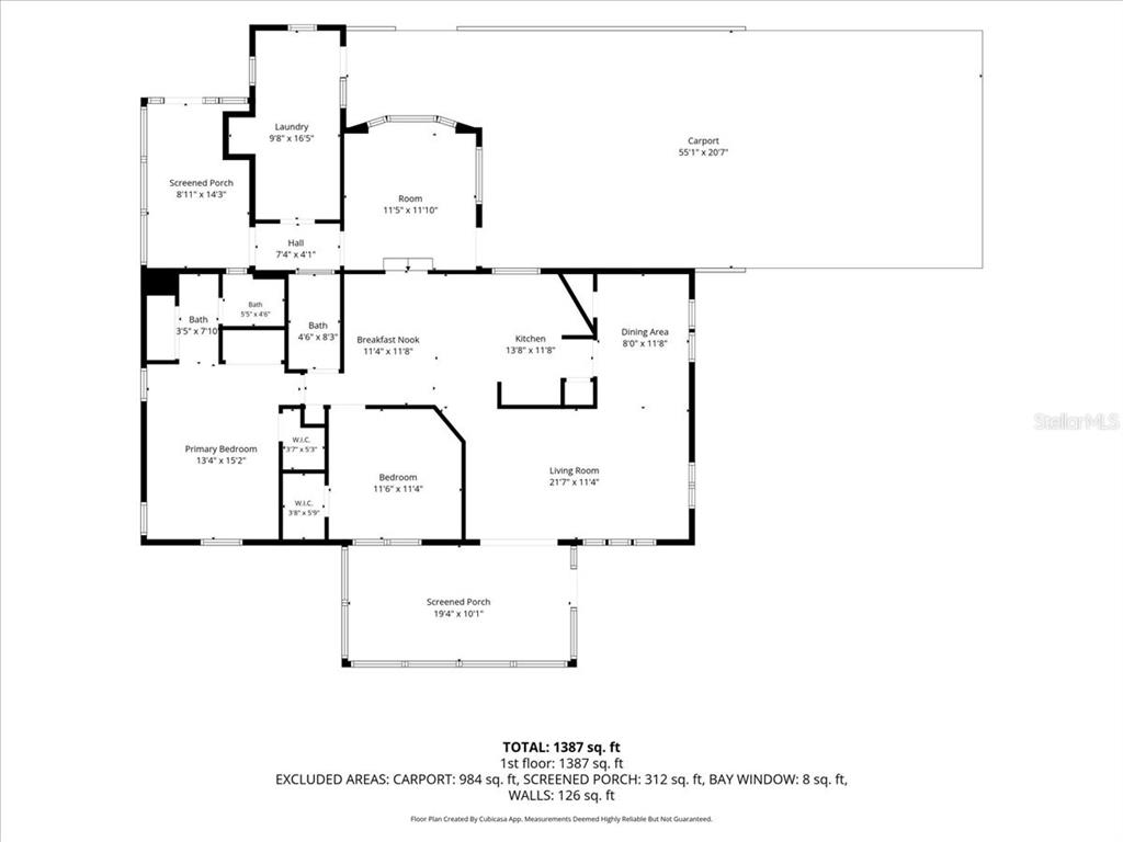 This is a floor plan showing a house layout with a carport and two screened porches — 3221 SE 39TH AVENUE, OCALA, FL
