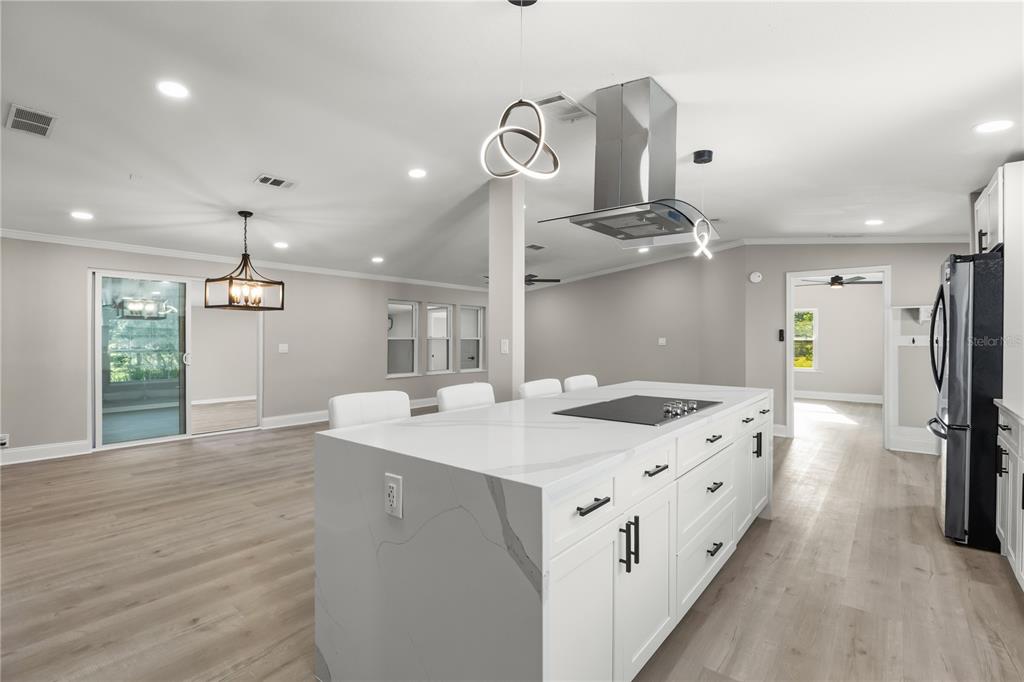 A modern kitchen features a large white quartz island, stainless steel appliances, and wood-look flooring — 19413 OBERLY PARKWAY, ORLANDO, FL