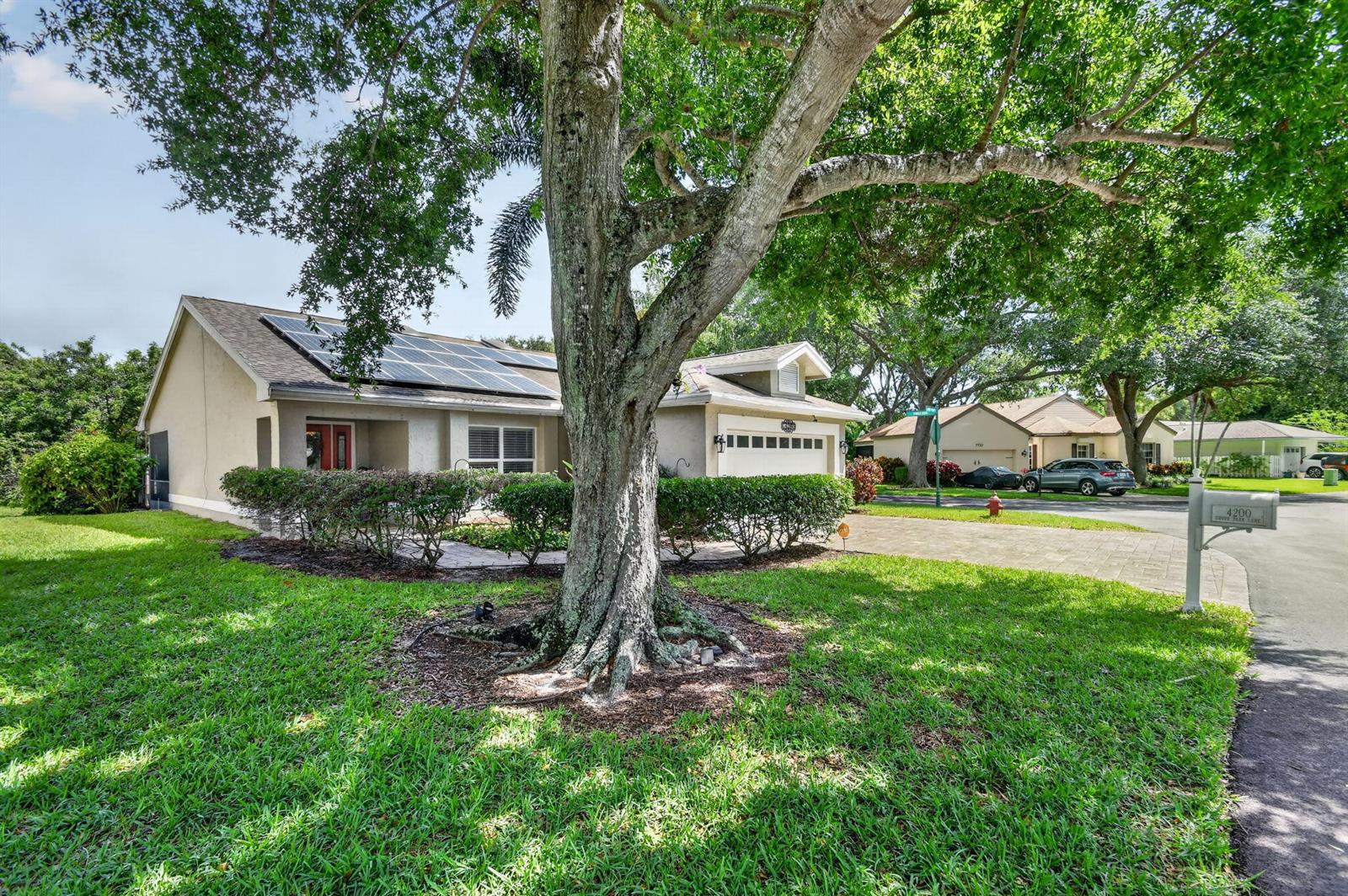 A single-story house with solar panels on the roof and a large tree in front — 4200 Grove Park Lane, Boynton Beach FL 33436, BOYNTON BEACH, FL