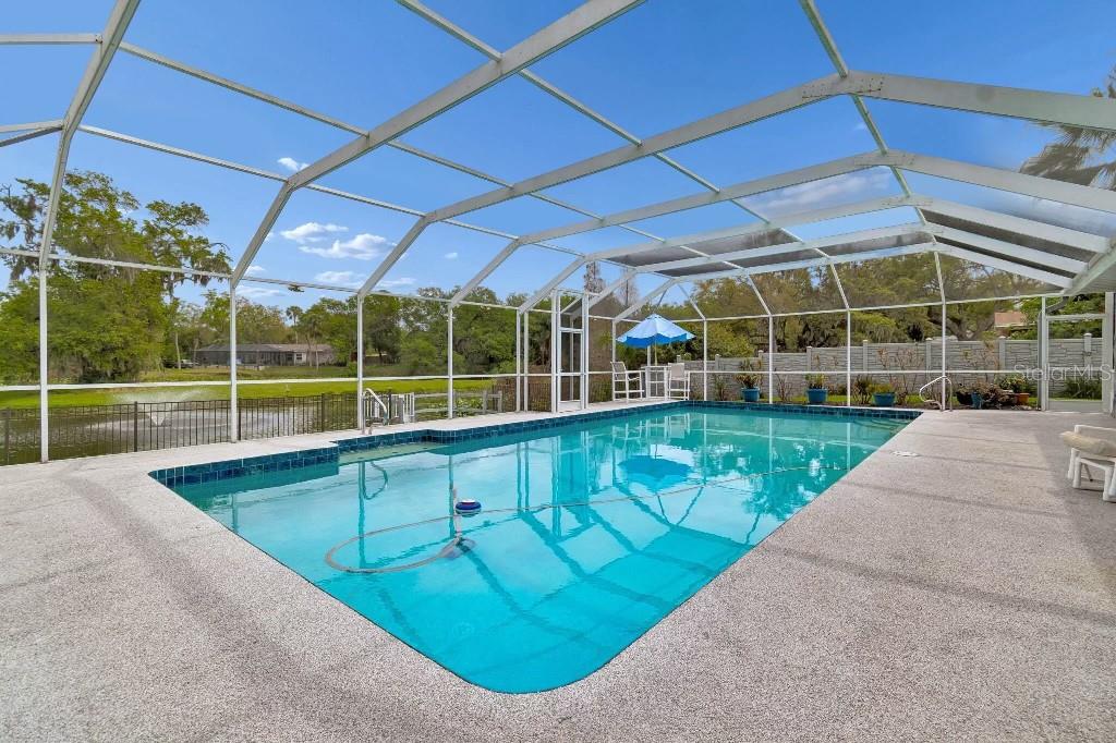 A screened-in swimming pool with a concrete deck overlooks a pond and grassy yard — 1611 SUNNYHILLS DRIVE, BRANDON, FL