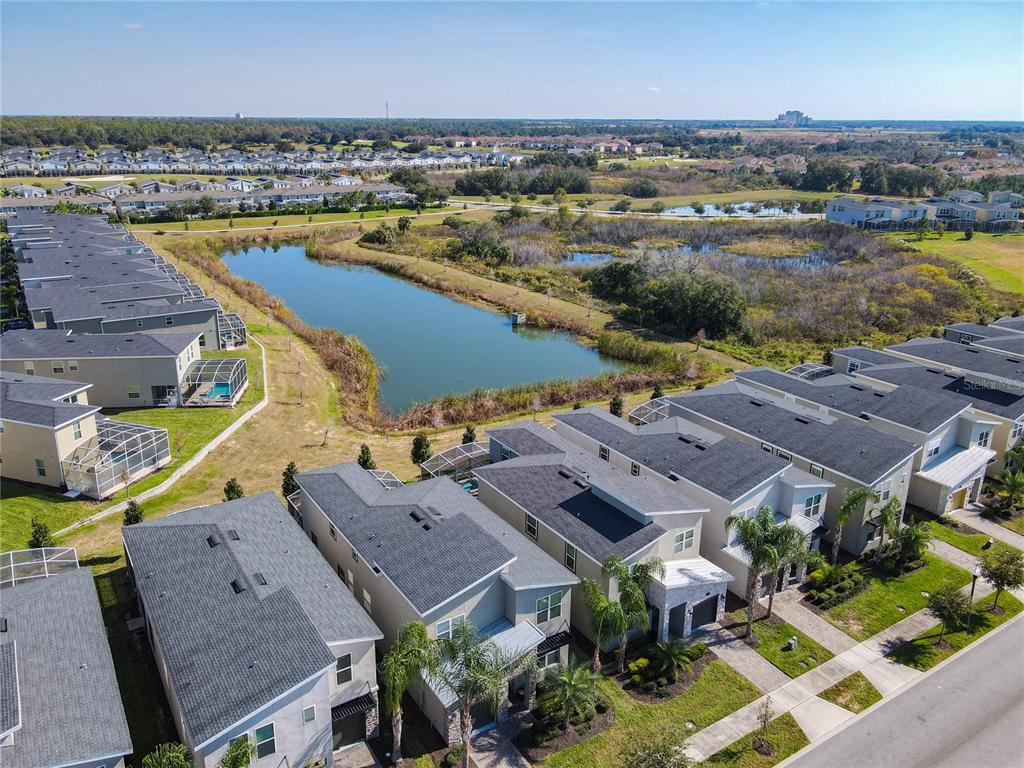 An aerial view shows a row of suburban houses overlooking a pond and wetlands — 651 DROP SHOT DRIVE, DAVENPORT, FL