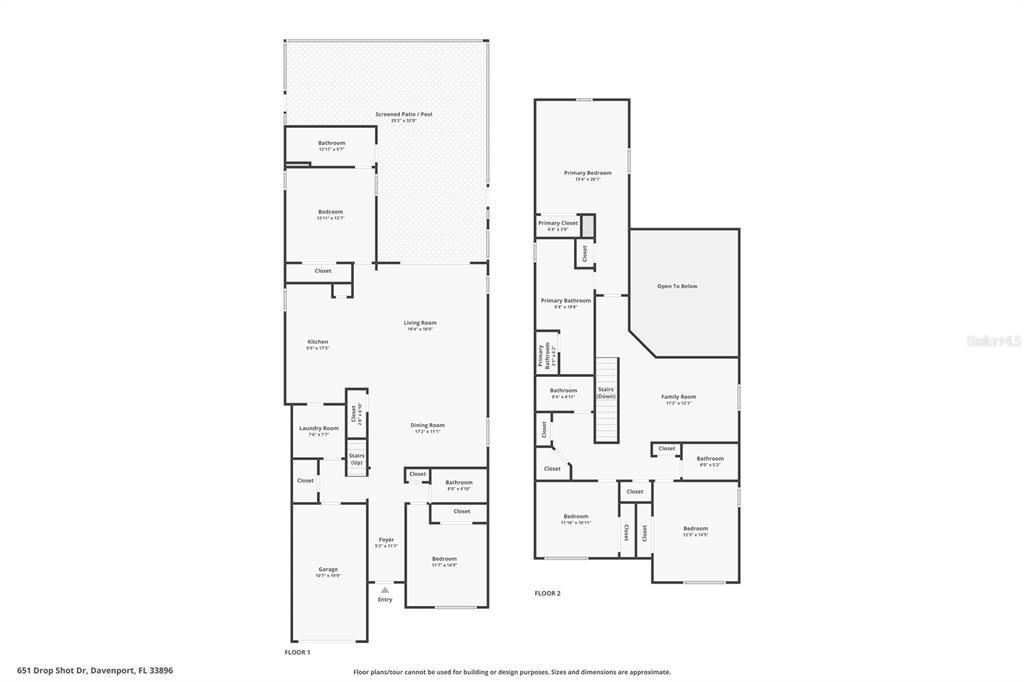 This is a two-story floor plan showing the layout of a residential home — 651 DROP SHOT DRIVE, DAVENPORT, FL