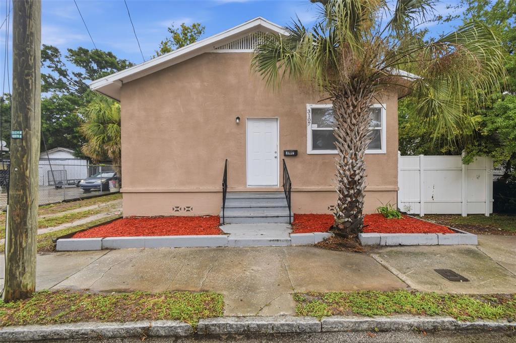 A single-story house with tan stucco siding, a white front door, and a palm tree — 3107 N 16TH STREET, TAMPA, FL