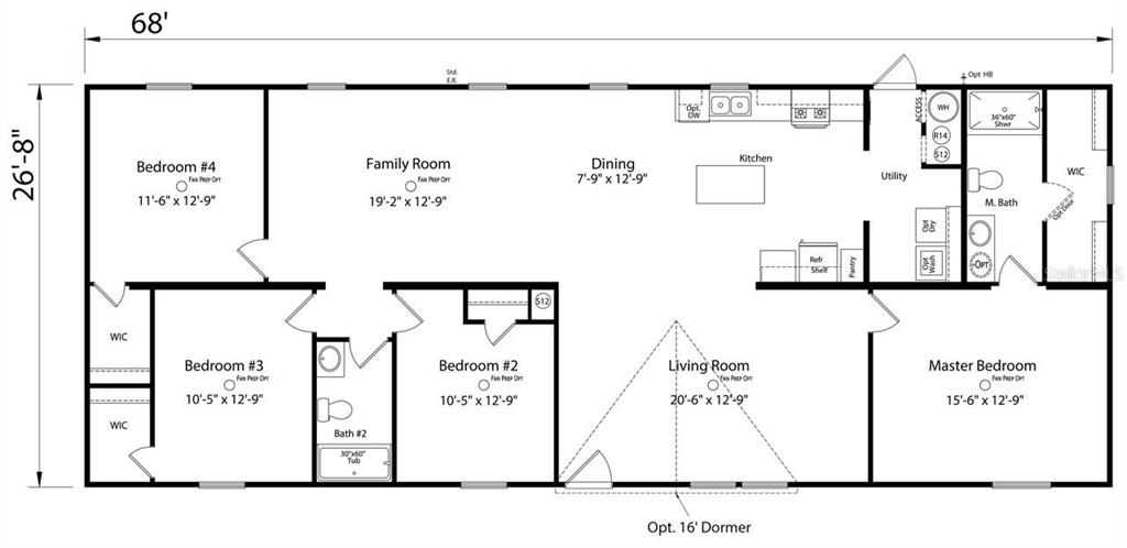 This is a floor plan for a four-bedroom, two-bathroom home with an open living area — TBD NE 122ND AVENUE, WILLISTON, FL