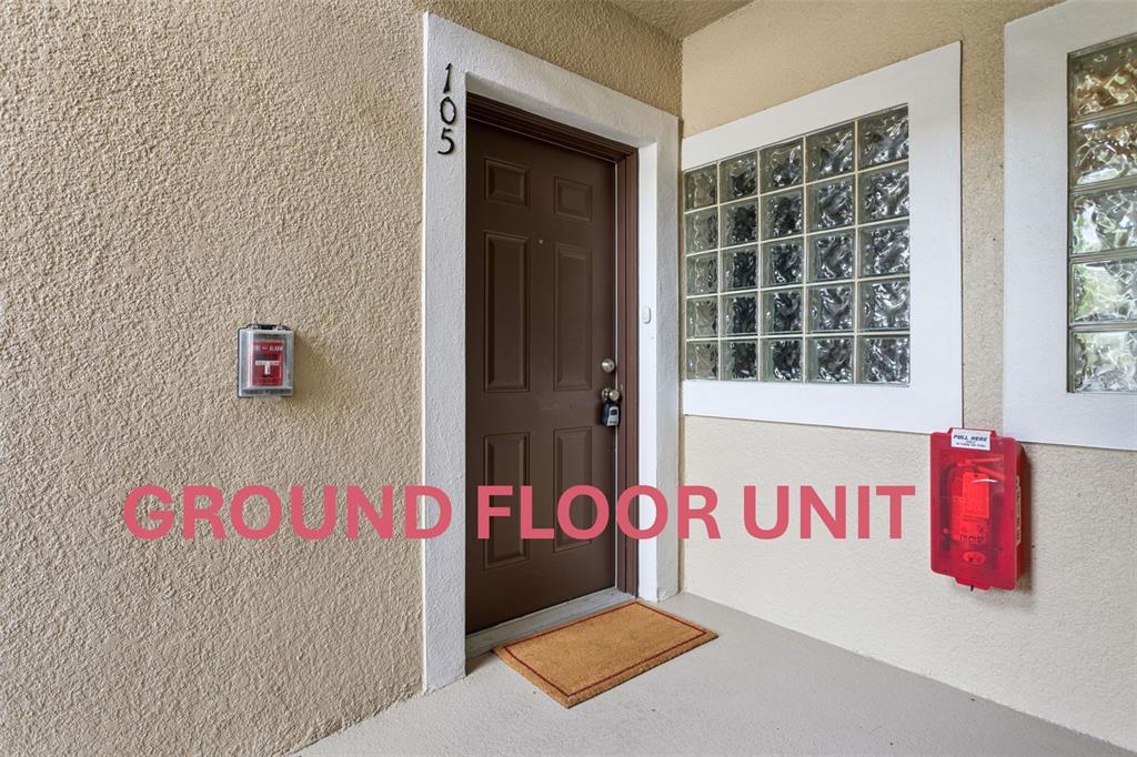 The exterior entrance of a ground floor unit features a brown door labeled 105 — 1195 GODAVARI WAY UNIT 105, WESLEY CHAPEL, FL