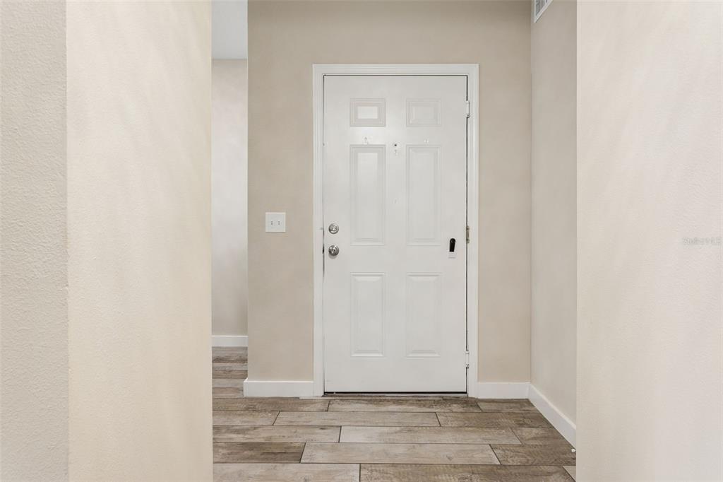An interior entryway features a white front door, light-colored walls, and wood-look tile flooring — 1195 GODAVARI WAY UNIT 105, WESLEY CHAPEL, FL