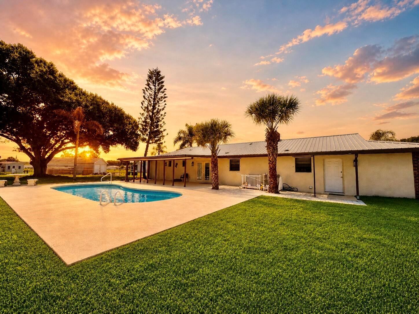 A backyard with a swimming pool, palm trees, and a house with a metal roof — 3856 SW 11th Avenue, Okeechobee FL 34974, OKEECHOBEE, FL