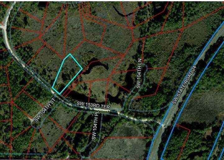 This is a map showing a highlighted parcel of land near a road intersection — 0 SW 153rd Terrace, FL 32625, FL