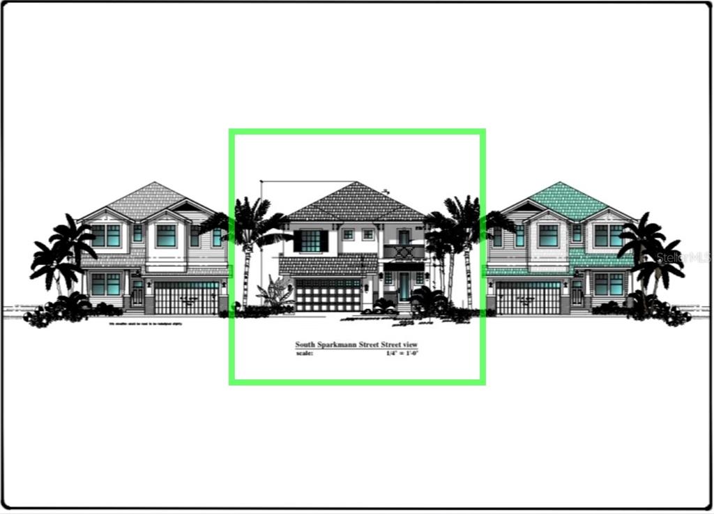 This architectural rendering shows the street-facing exterior of three adjacent two-story residential homes — 6907 S SPARKMAN STREET, TAMPA, FL