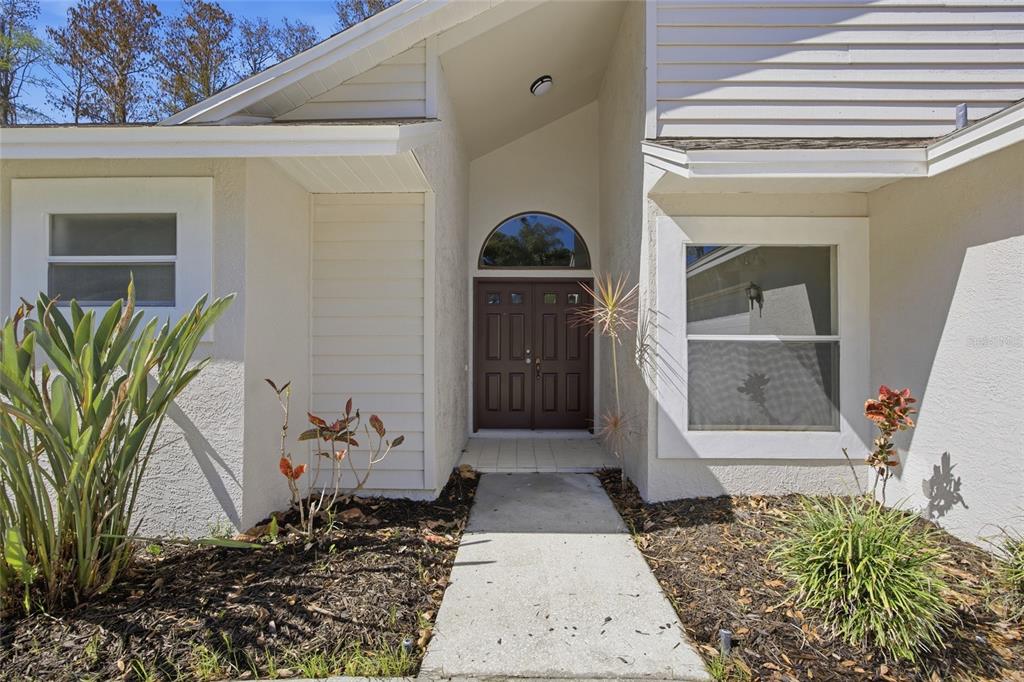 A concrete walkway leads to the front entrance of a house with a brown door — 812 CRESTRIDGE DRIVE, TARPON SPRINGS, FL