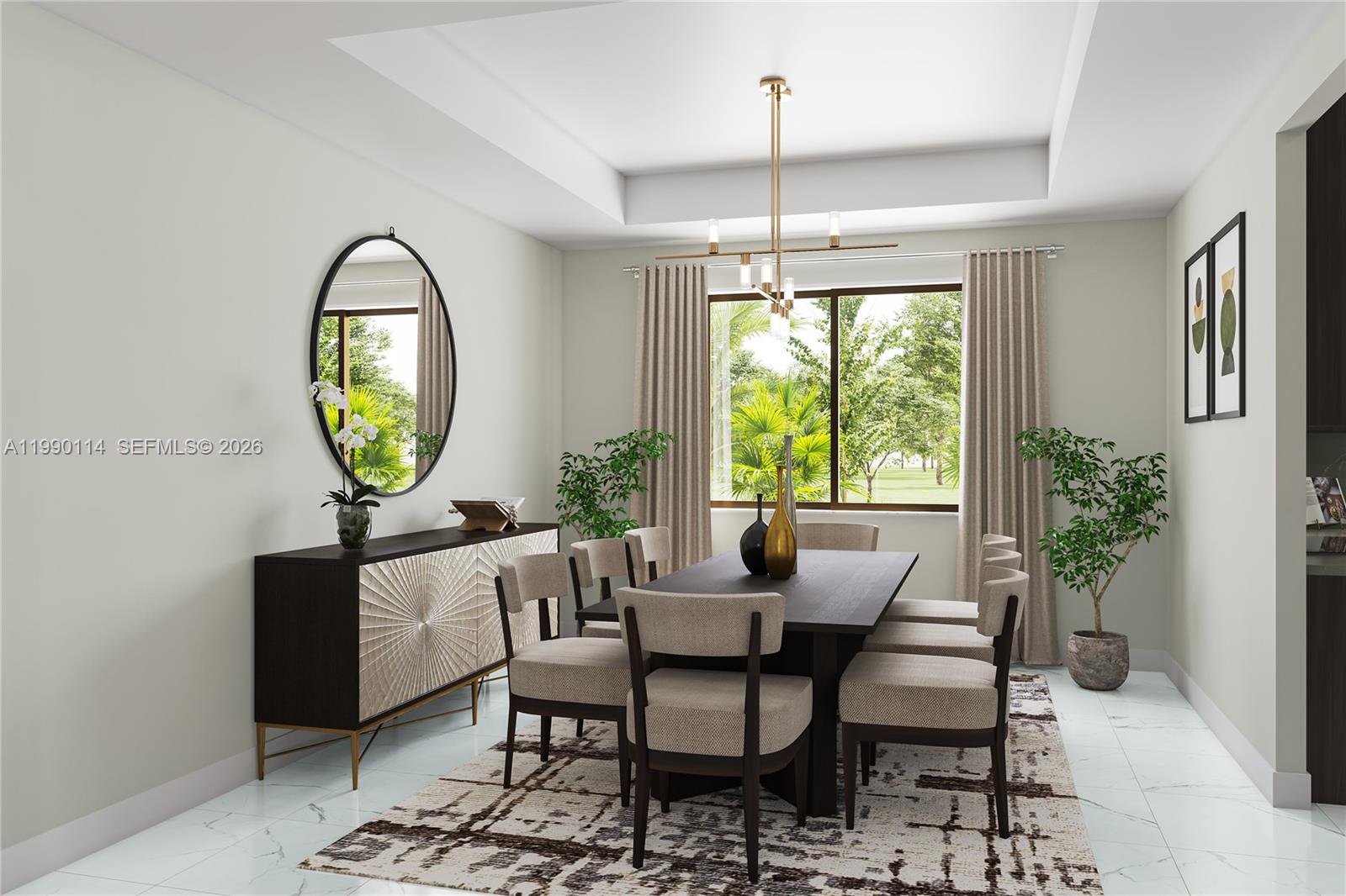 This is a rendering of a dining room featuring a dark wood table and sideboard — 19674 NE 14 CT, Miami FL 33179, MIAMI, FL