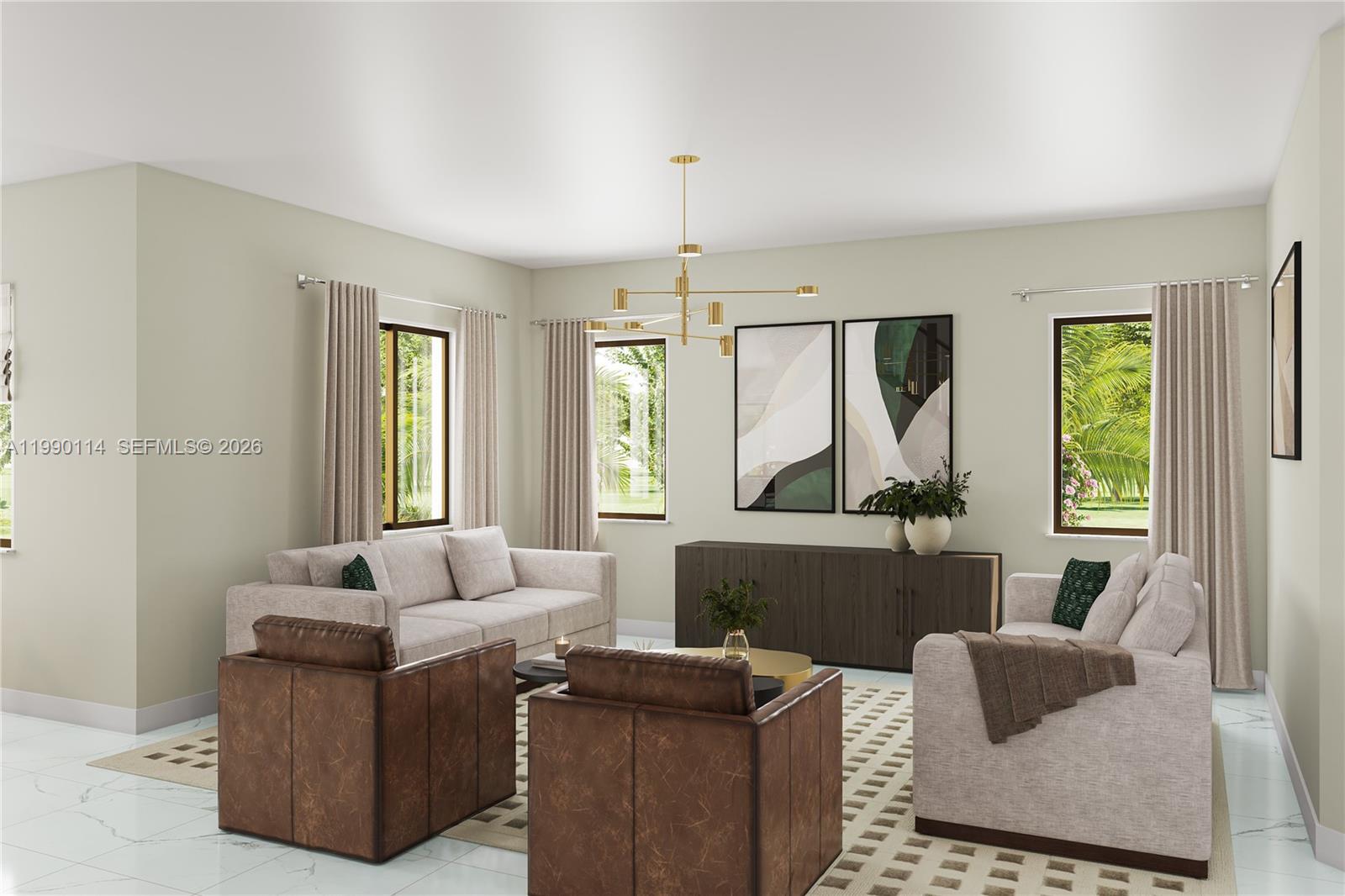 This is a digital rendering of a living room featuring neutral furniture and leather armchairs — 19674 NE 14 CT, Miami FL 33179, MIAMI, FL