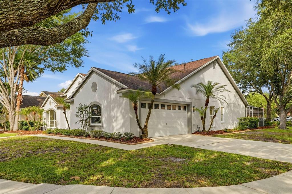 A single-story house with a white stucco exterior, a two-car garage, and two palm trees — 10117 WHISPER POINTE DRIVE, TAMPA, FL