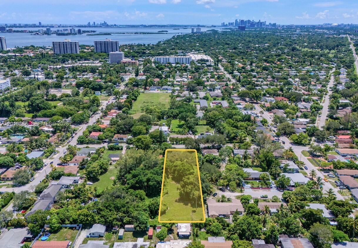 An aerial view shows a rectangular, tree-covered vacant lot outlined in yellow within a residential neighborhood — 1231 NE 115th St, Miami FL 33161, MIAMI, FL