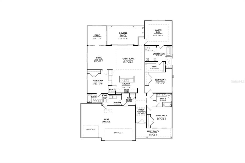 This floor plan shows a single-story house with four bedrooms, a three-car garage, and a porch — 801 SW 144TH DRIVE, NEWBERRY, FL