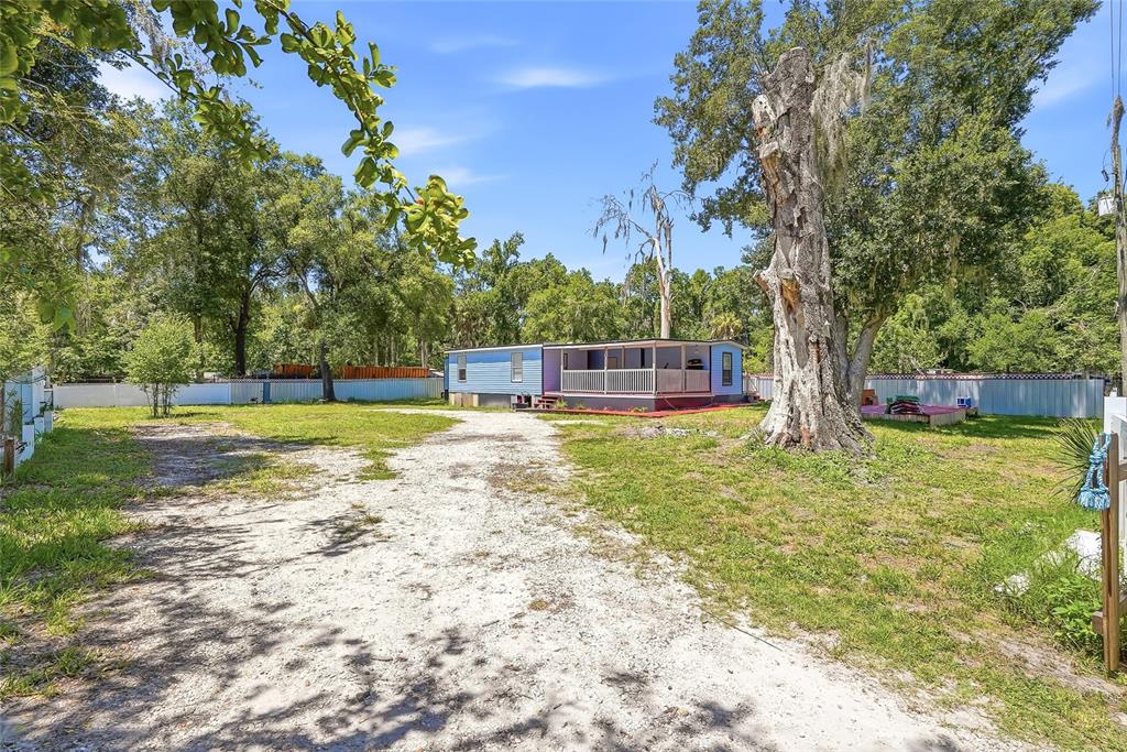 A blue mobile home with a front porch sits on a large, grassy, gravel-drive lot — 911 MARJORIE AVENUE, BRANDON, FL