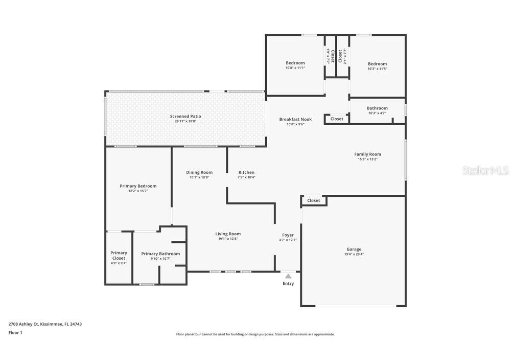 This is a floor plan of a single-story house with a garage and screened patio — 2708 ASHLEY COURT, KISSIMMEE, FL